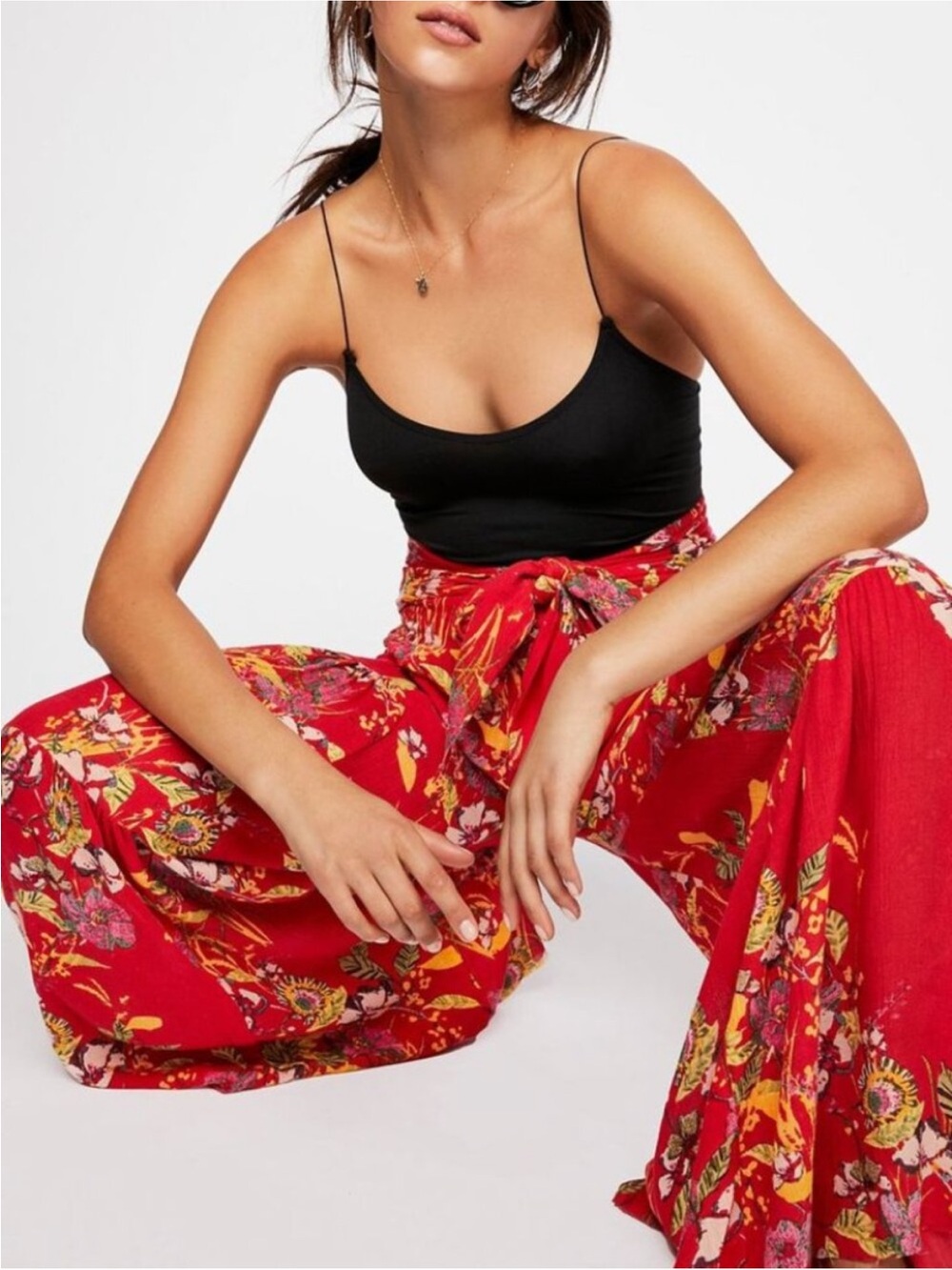 New! Free People FP One Aloha Printed Wide-Leg Pants Red Size S 25799 - Picture 2 of 16